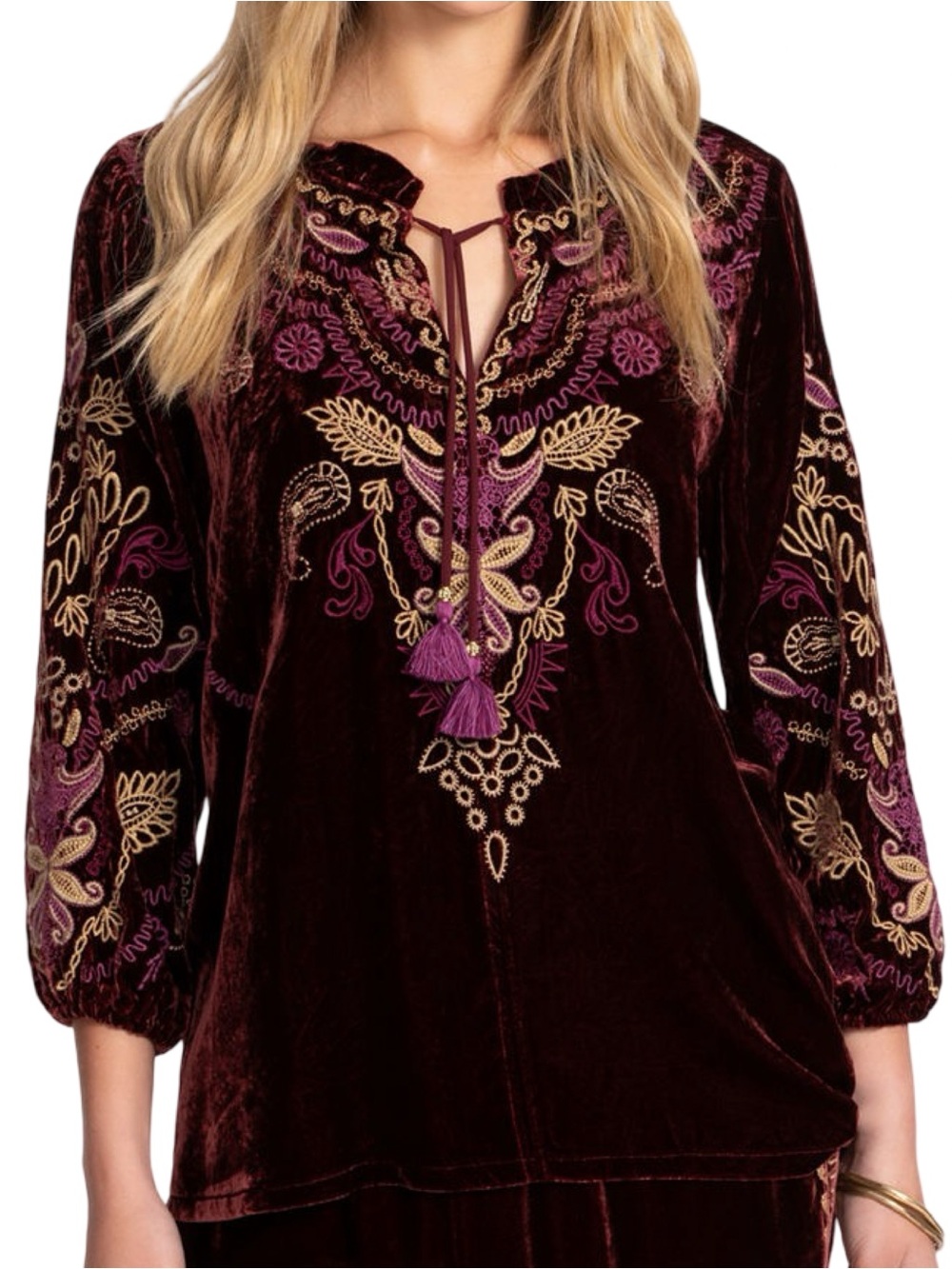 Johnny Was Women’s Sz S Plum Wine Velvet Embroidered Peasant Shira Field Blouse